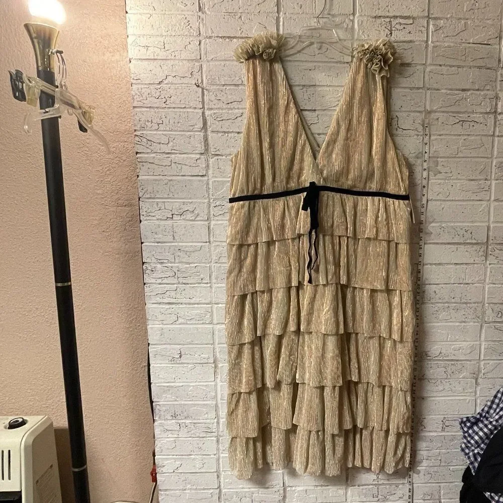 Arula Gold Party Cocktail Shimmer Sleeveless Plus Size Curvy Ruffle Dress 2X NWT - Picture 3 of 13
